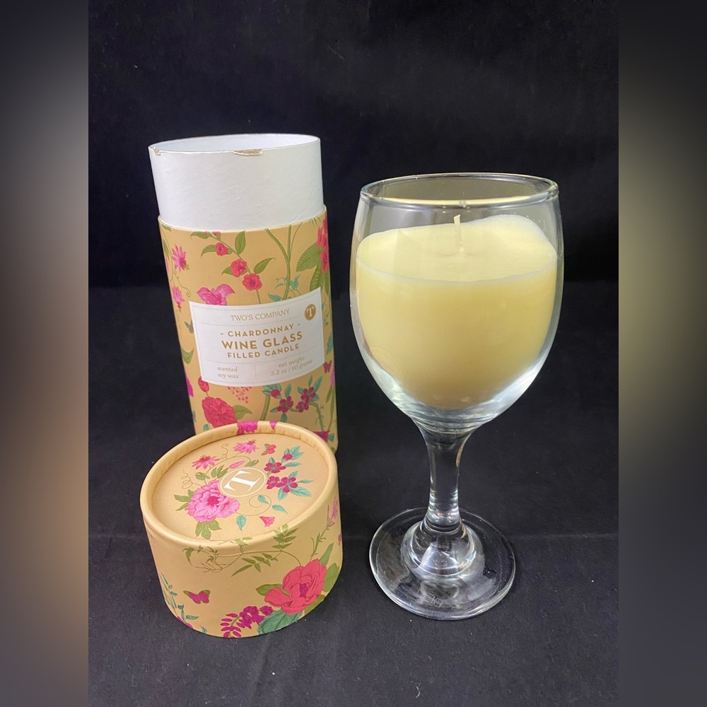 Two’s Company Chardonnay Wine Glass Filled Candle Scented Soy Wax 3.2 oz